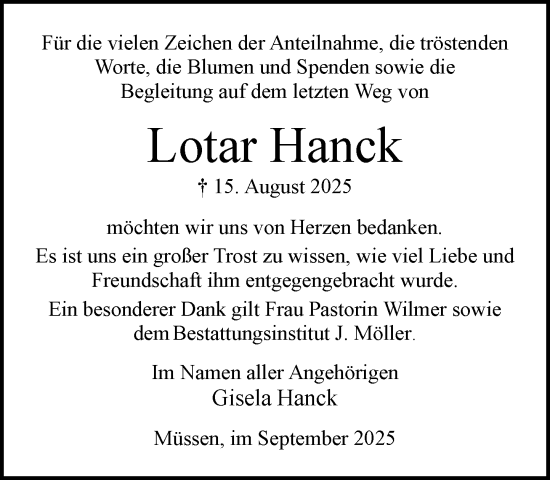 Traueranzeige von Lotar Hanck von Wochenend Anzeiger