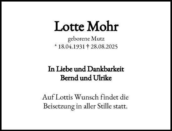Traueranzeige von Lotte Mohr von Heimatspiegel