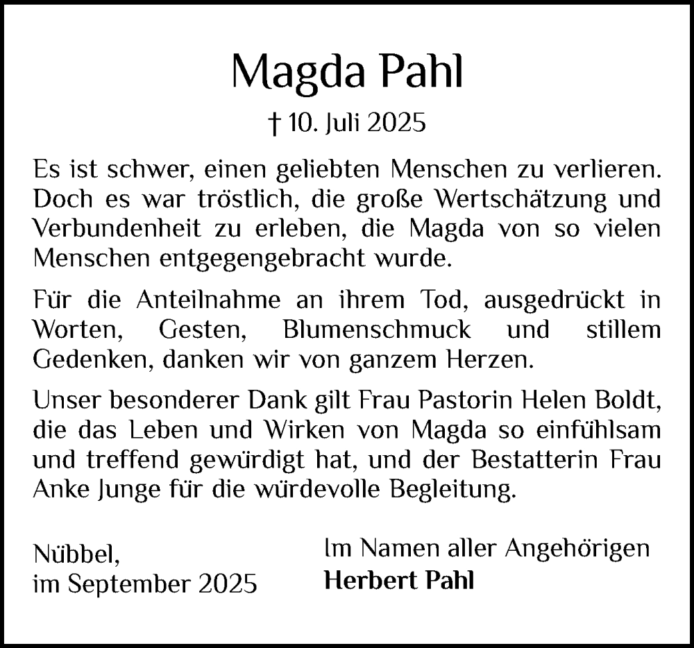  Traueranzeige für Magda Pahl vom 13.09.2025 aus Schleswig-Holsteinische Landeszeitung