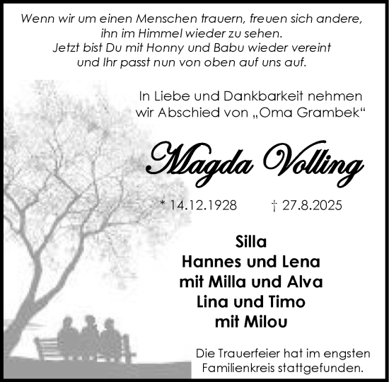 Traueranzeige von Magda Volling von MARKT Ratzeburg/Mölln