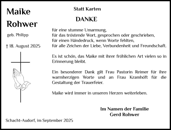 Traueranzeige von Maike Rohwer von Schleswig-Holsteinische Landeszeitung