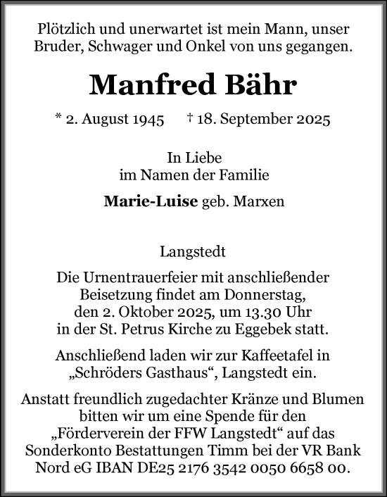 Traueranzeige von Manfred Bähr von Flensburger Tageblatt