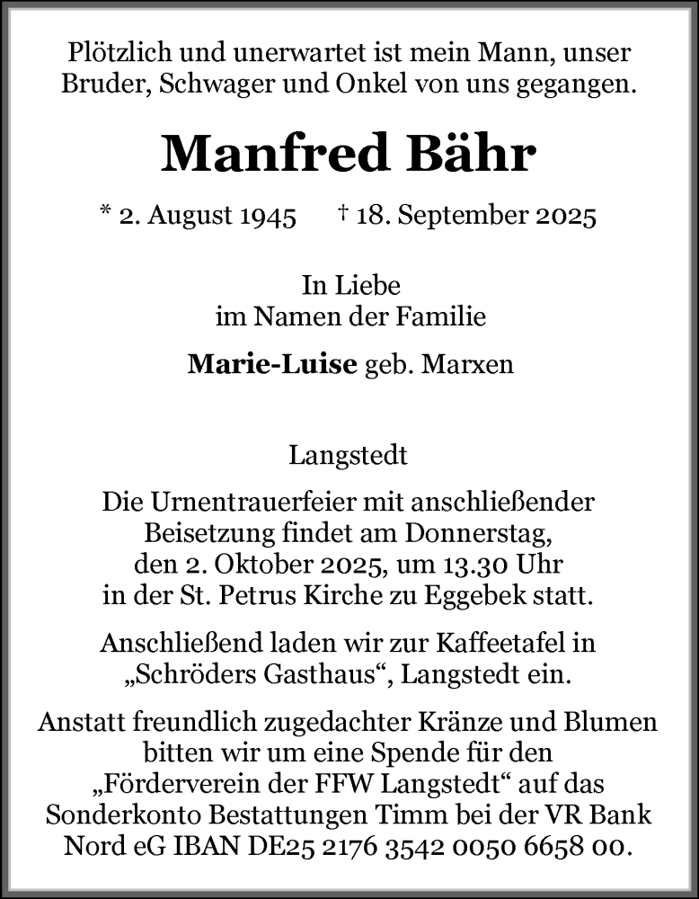  Traueranzeige für Manfred Bähr vom 27.09.2025 aus Flensburger Tageblatt