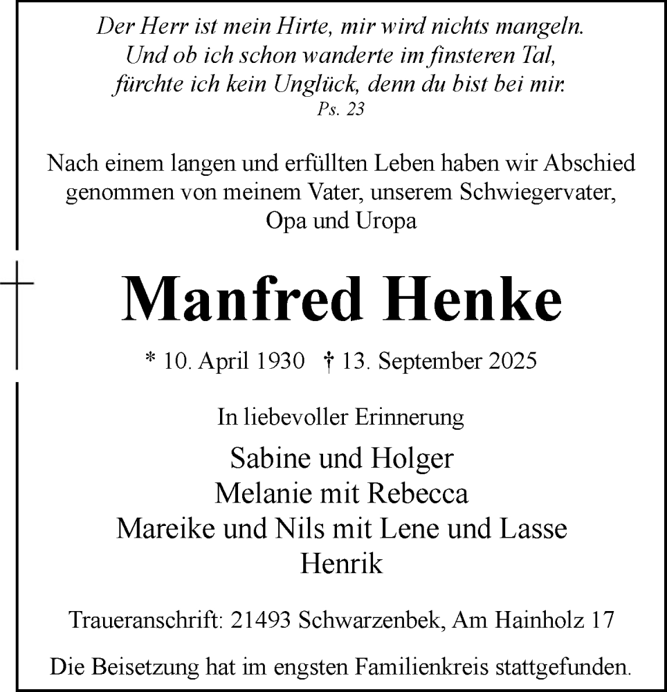  Traueranzeige für Manfred Henke vom 27.09.2025 aus Wochenend Anzeiger