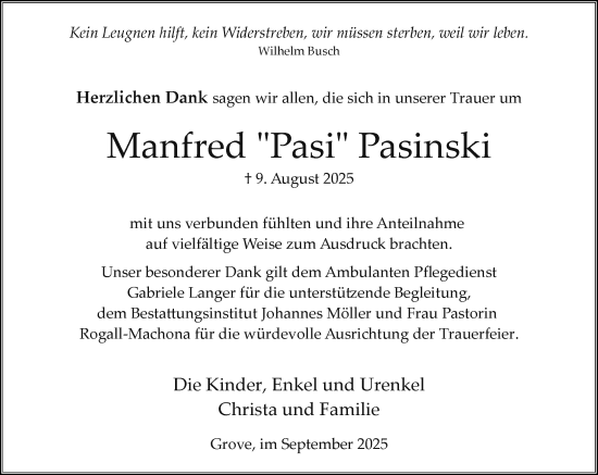 Traueranzeige von Manfred Pasinski von Wochenend Anzeiger