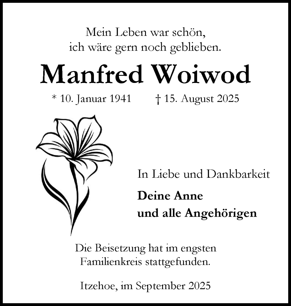  Traueranzeige für Manfred Woiwod vom 27.09.2025 aus Norddeutsche Rundschau, Wilstersche Zeitung, Glückstädter Fortuna
