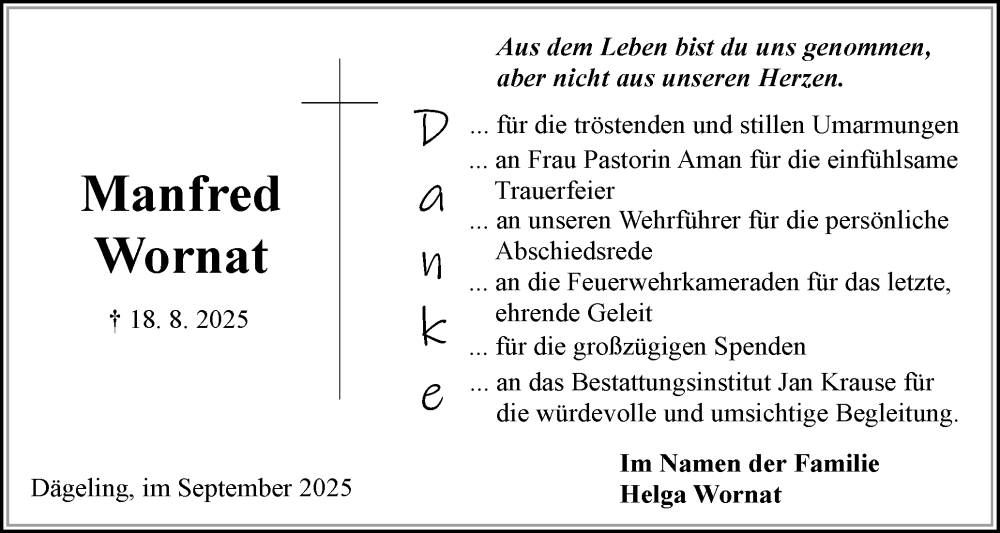  Traueranzeige für Manfred Wornat vom 27.09.2025 aus Norddeutsche Rundschau, Wilstersche Zeitung, Glückstädter Fortuna