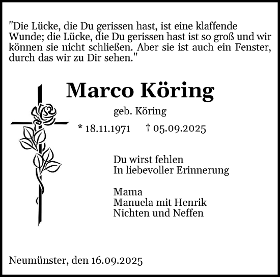 Traueranzeige von Marco Köring von Holsteinischer Courier