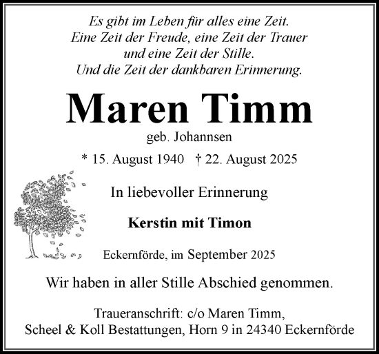 Traueranzeige von Maren Timm von Eckernförder Zeitung, Hallo Eckernförde