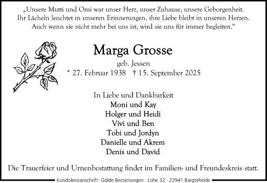 Traueranzeige von Marga Grosse von Husumer Nachrichten, Nordfriesland Tageblatt