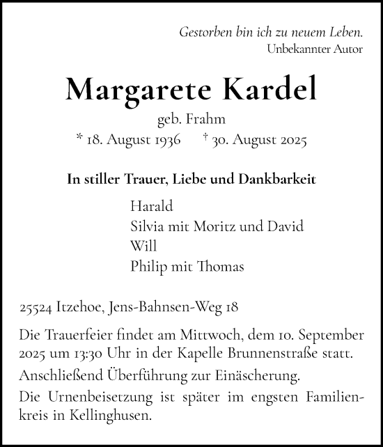 Traueranzeige von Margarete Kardel von Norddeutsche Rundschau, Wilstersche Zeitung, Glückstädter Fortuna