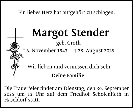 Traueranzeige von Margot Stender von Uetersener Nachrichten, Der tip am Wochenende