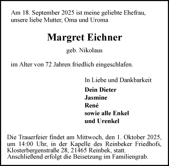 Traueranzeige von Margret Eichner von MARKT Glinde/Reinbek