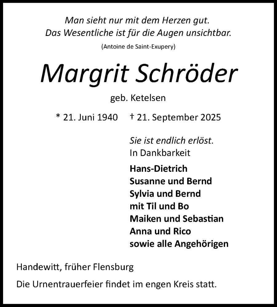  Traueranzeige für Margrit Schröder vom 27.09.2025 aus Flensburger Tageblatt
