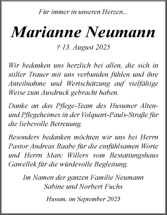 Traueranzeige von Marianne Neumann von Husumer Nachrichten, Nordfriesland Tageblatt