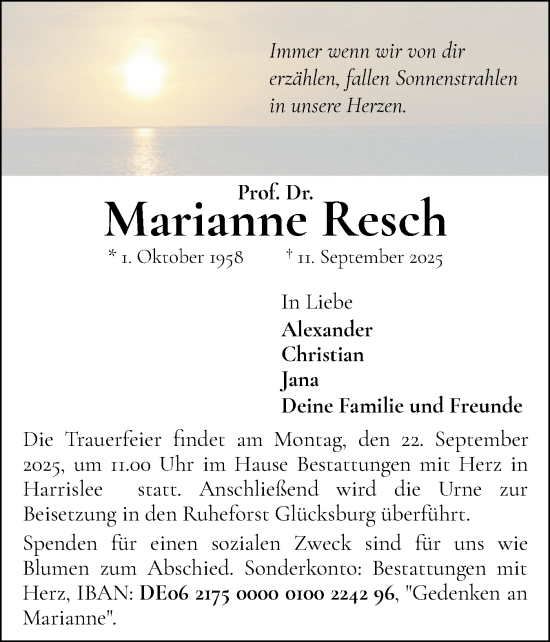 Traueranzeige von Marianne Resch von Flensburger Tageblatt