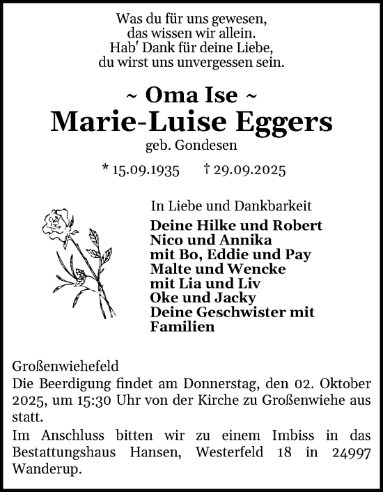 Traueranzeige von Marie-Luise Eggers von Flensburger Tageblatt
