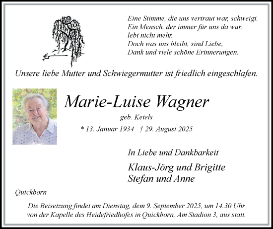 Traueranzeige von Marie-Luise Wagner von Region Pinneberg und tip Pinneberg