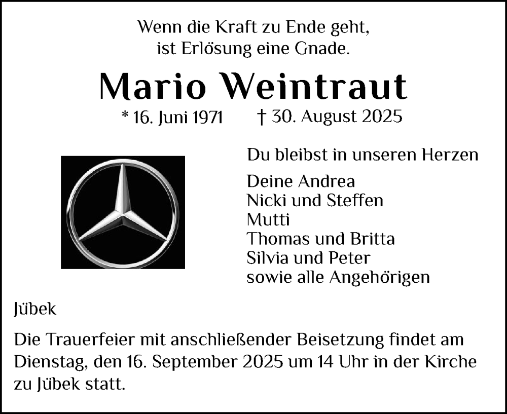  Traueranzeige für Mario Weintraut vom 06.09.2025 aus Schleswiger Nachrichten, Schlei-Bote