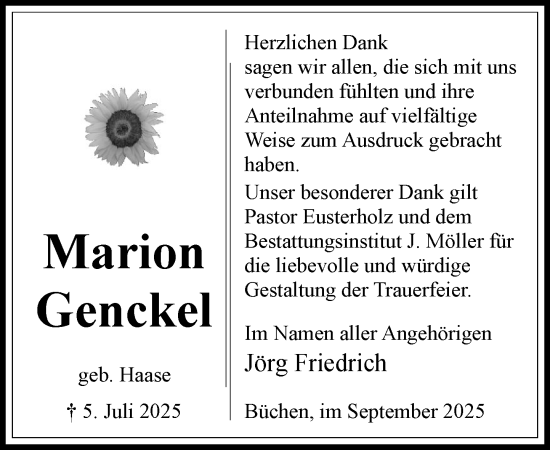 Traueranzeige von Marion Genckel von Wochenend Anzeiger