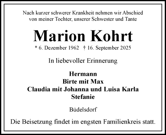 Traueranzeige von Marion Kohrt von Hallo Eckernförde