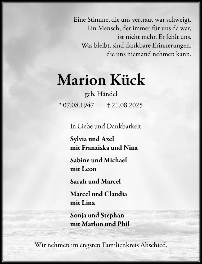  Traueranzeige für Marion Kück vom 06.09.2025 aus MARKT Glinde/Reinbek