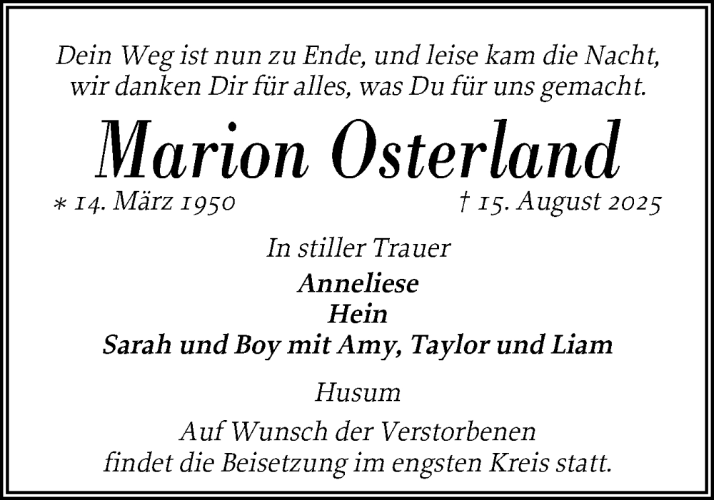  Traueranzeige für Marion Osterland vom 05.09.2025 aus Husumer Nachrichten, Nordfriesland Tageblatt