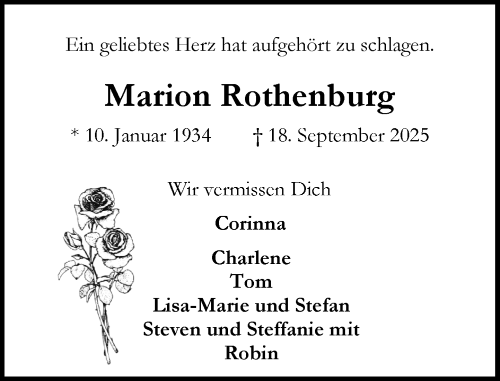  Traueranzeige für Marion Rothenburg vom 27.09.2025 aus MARKT Ahrensburg/Bargteheide/Trittau und Stormarner Tageblatt