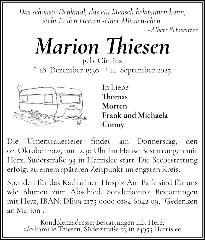  Traueranzeige für Marion Thiesen vom 20.09.2025 aus Flensburger Tageblatt