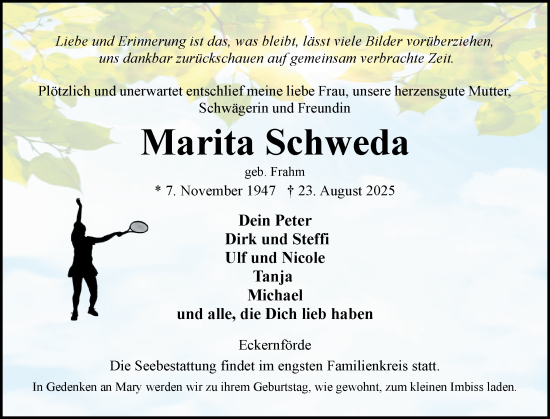 Traueranzeige von Marita Schweda von Eckernförder Zeitung, Hallo Eckernförde