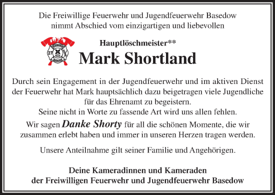 Traueranzeige von Mark Shortland von Wochenend Anzeiger