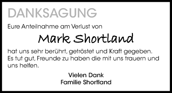 Traueranzeige von Mark Shortland von Wochenend Anzeiger