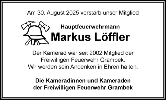 Traueranzeige von Markus Löffler von MARKT Ratzeburg/Mölln