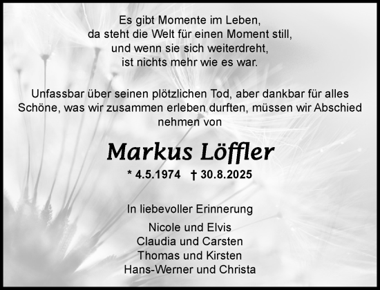 Traueranzeige von Markus Löffler von MARKT Ratzeburg/Mölln