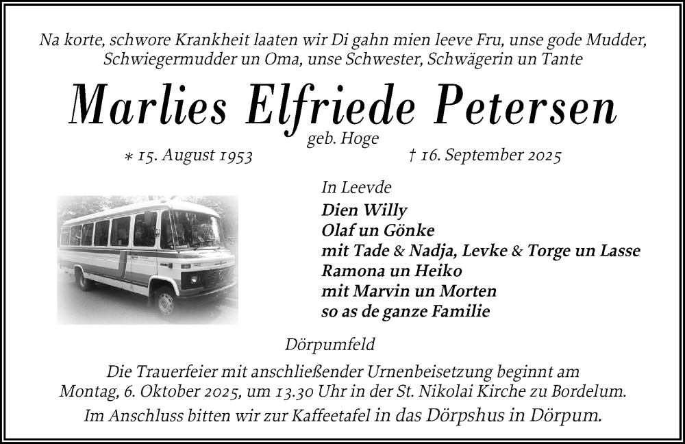  Traueranzeige für Marlies Elfriede Petersen vom 26.09.2025 aus Husumer Nachrichten, Nordfriesland Tageblatt
