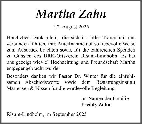 Traueranzeige von Martha Zahn von Husumer Nachrichten, Nordfriesland Tageblatt