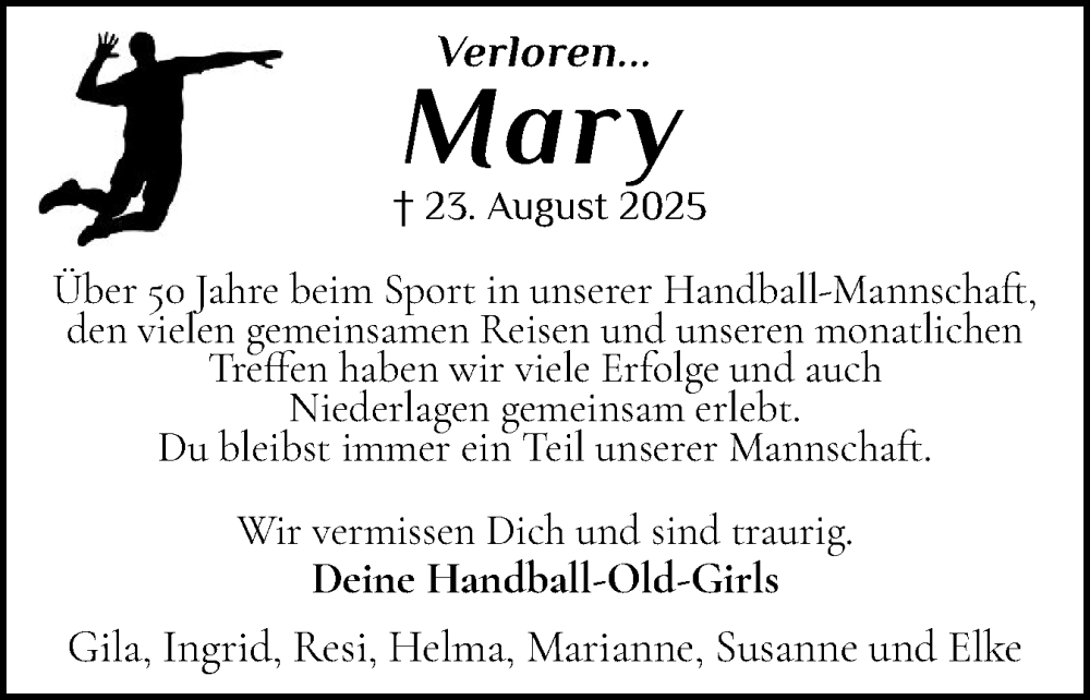  Traueranzeige für Mary  vom 06.09.2025 aus Eckernförder Zeitung, Hallo Eckernförde