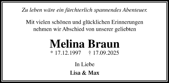 Traueranzeige von Melina Braun von Wochenend Anzeiger