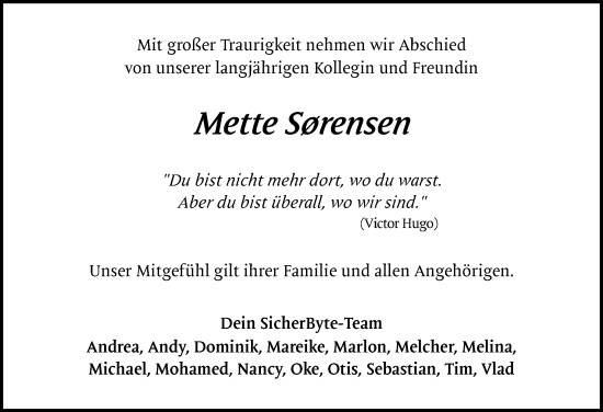 Traueranzeige von Mette Sørensen von Norddeutsche Rundschau, Wilstersche Zeitung, Glückstädter Fortuna