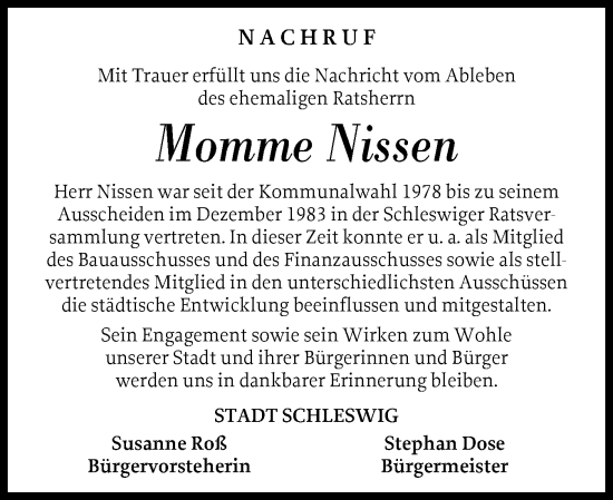 Traueranzeige von Momme Nissen von Schleswiger Nachrichten, Schlei-Bote