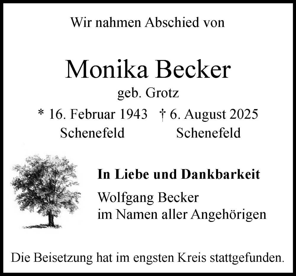  Traueranzeige für Monika Becker vom 06.09.2025 aus Region Pinneberg und tip Pinneberg