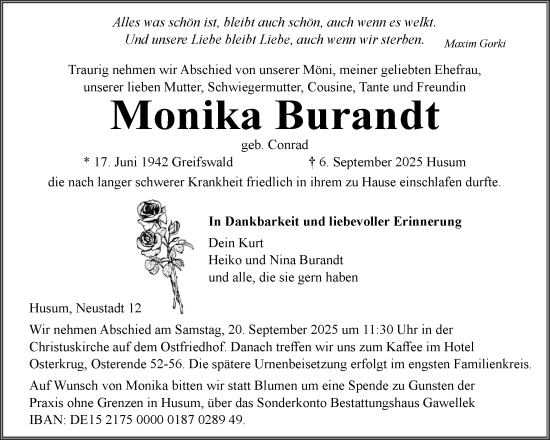 Traueranzeige von Monika Burandt von Husumer Nachrichten, Nordfriesland Tageblatt