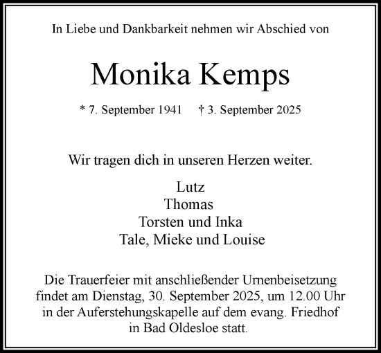 Traueranzeige von Monika Kemps von MARKT Bad Oldesloe/Reinfeld und Stormarner Tageblatt