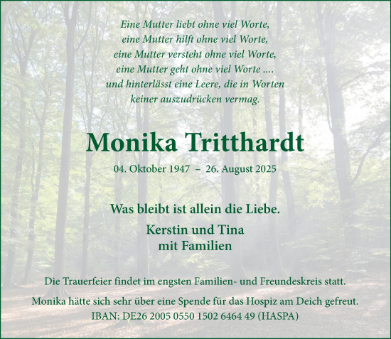 Traueranzeige von Monika Tritthardt von Wochenend Anzeiger