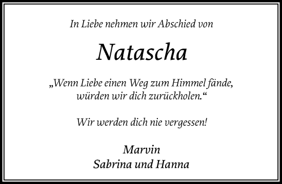 Traueranzeige von Natascha  von MARKT Ratzeburg/Mölln