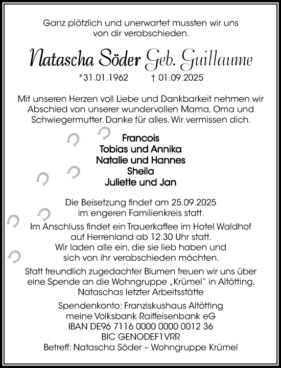 Traueranzeige von Natascha Söder von MARKT Ratzeburg/Mölln