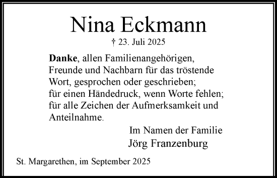 Traueranzeige von Nina Eckmann von Norddeutsche Rundschau, Wilstersche Zeitung, Glückstädter Fortuna