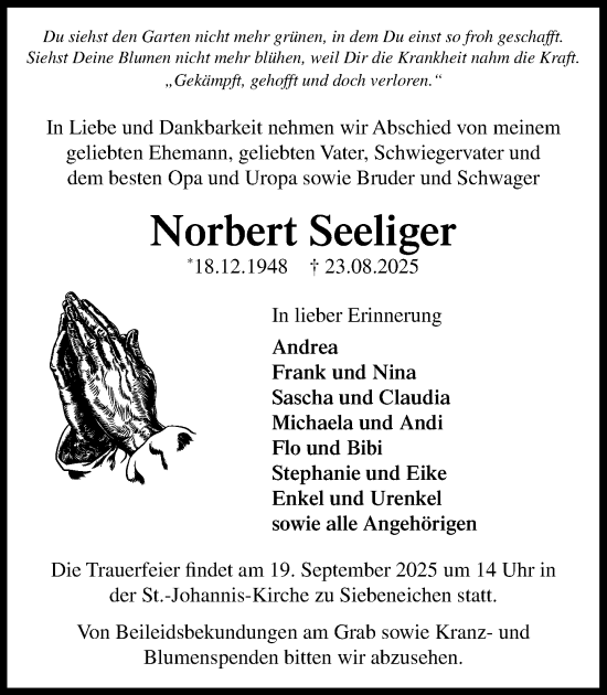 Traueranzeige von Norbert Seeliger von Wochenend Anzeiger
