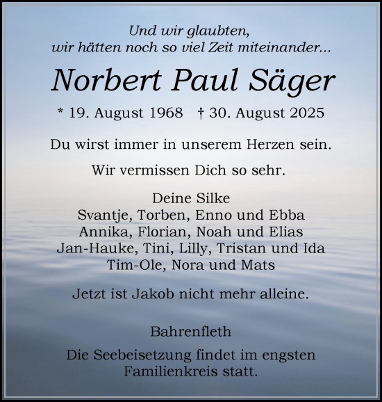 Traueranzeige von Norbert Paul Säger von Norddeutsche Rundschau, Wilstersche Zeitung, Glückstädter Fortuna