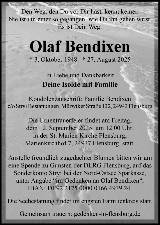 Traueranzeige von Olaf Bendixen von Flensburger Tageblatt